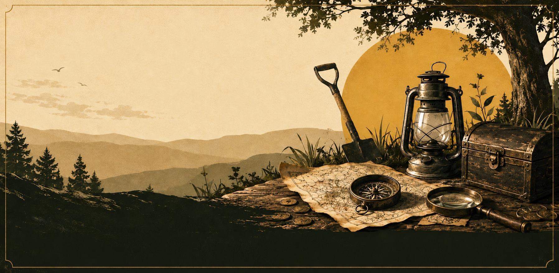 Illustration d'une boussole, d'une lampe tempête, d'une carte au trésor, d'une pelle et d'un coffre au trésor sur un point de vue au coucher du soleil